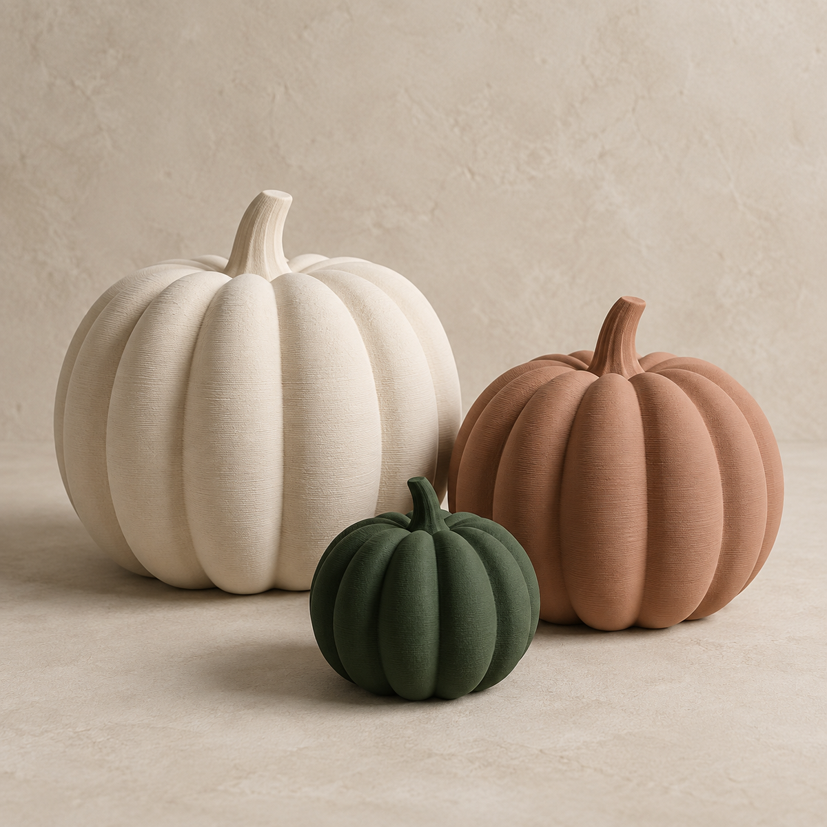 Prototype render of three matte 3D-printed pumpkins in warm white, clay and forest green