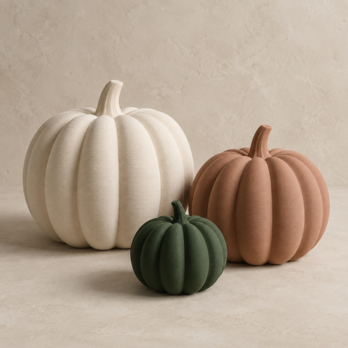 Prototype render of three matte 3D-printed pumpkins in warm white, clay and forest green