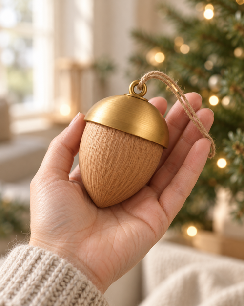 Concept render: Winterwood Acorn bauble with gold-coloured cap, held in a hand; illustrative scene