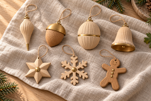 Concept render: Seven Winterwood baubles arranged on linen