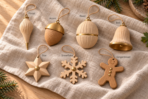 Concept render: Labelled guide to Finial, Acorn, Reed, Bell, Star, Snowflake and Gingerbread Winterwood baubles