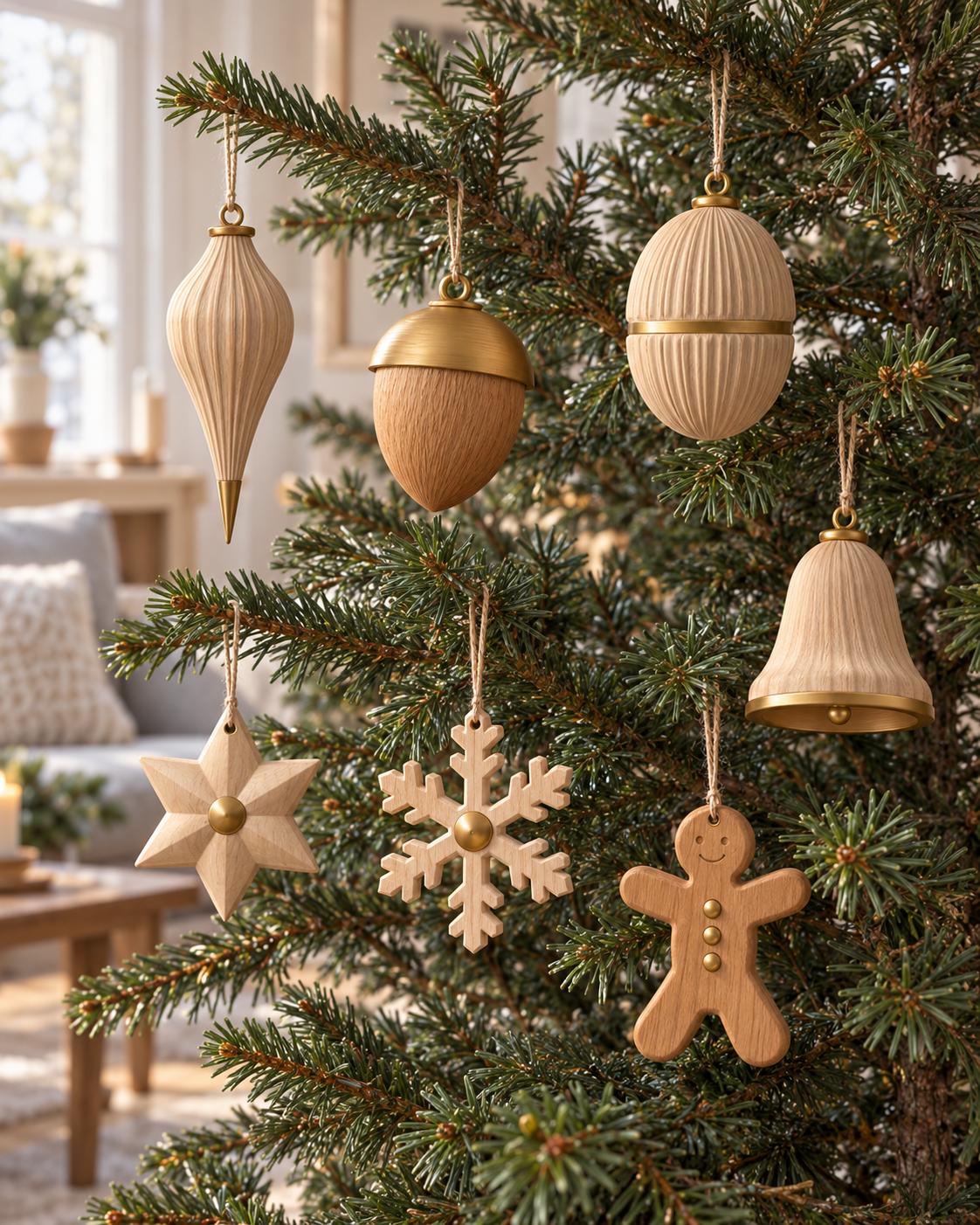 Concept render: Winterwood baubles hanging on a Christmas tree in daylight