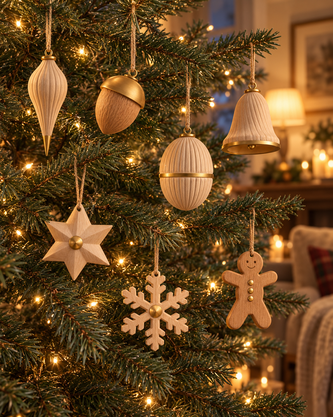 Concept render: Winterwood baubles hanging on a Christmas tree in evening light