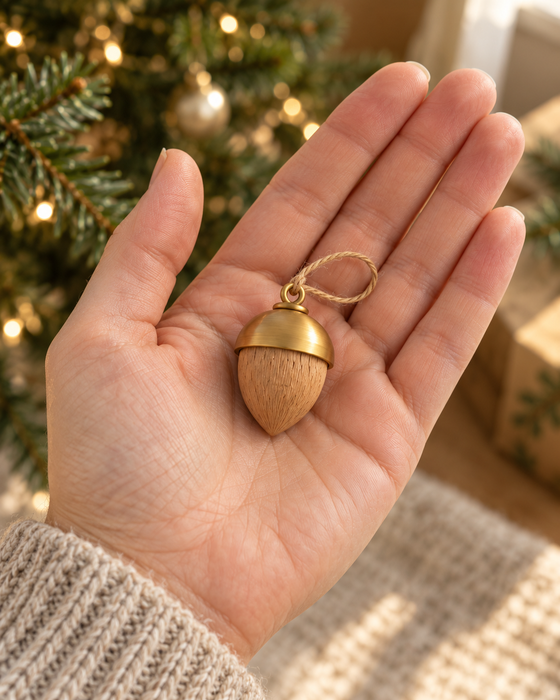 Concept render: Winterwood Mini Acorn with gold-coloured cap, held in a hand; illustrative scene