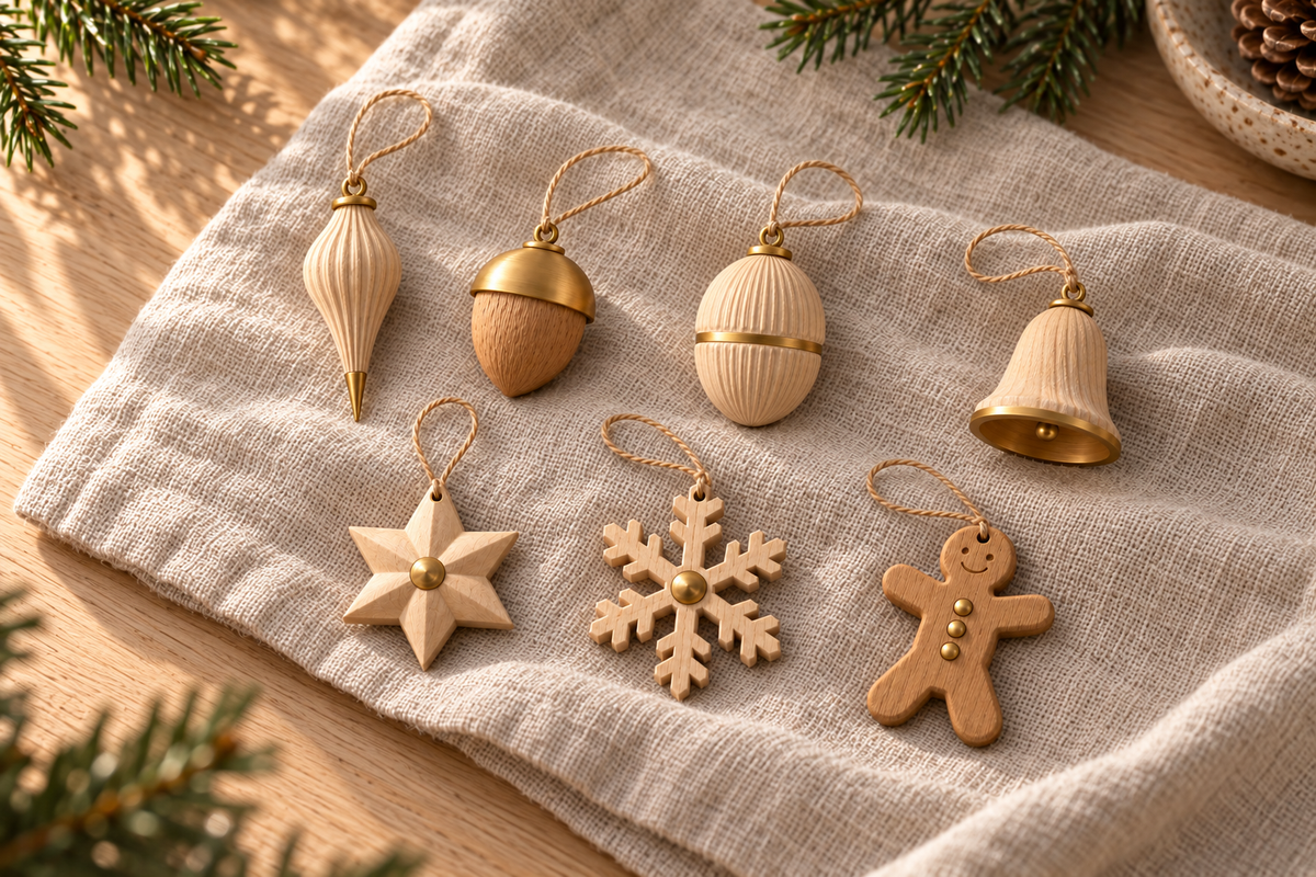 Concept render: Seven Winterwood Mini baubles arranged on linen