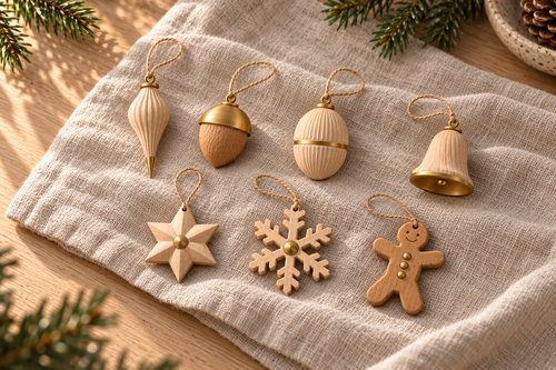 Concept render: Seven Winterwood Mini baubles arranged on linen