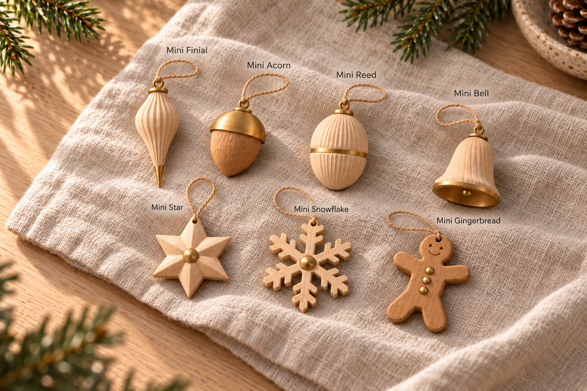 Concept render: Labelled guide to the seven Winterwood Mini bauble designs