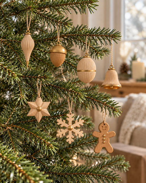 Concept render: Winterwood Mini baubles hanging on a Christmas tree in daylight
