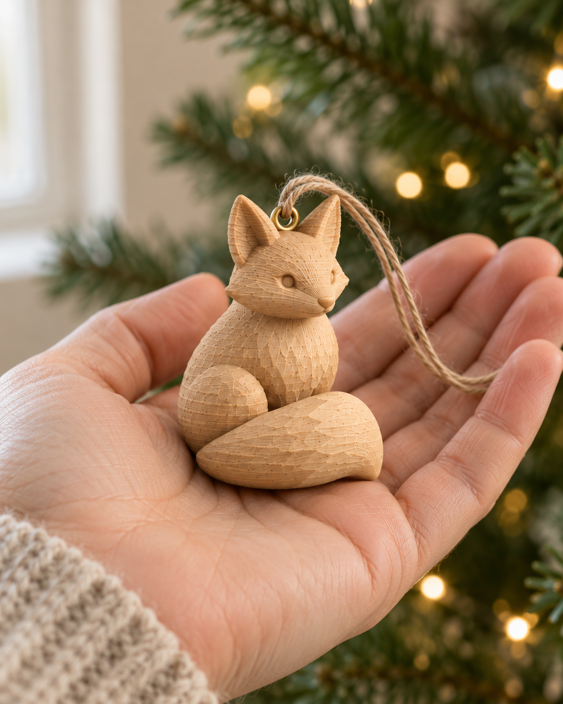 Concept render: Fox Woodland Animal Bauble held in a hand; illustrative scene