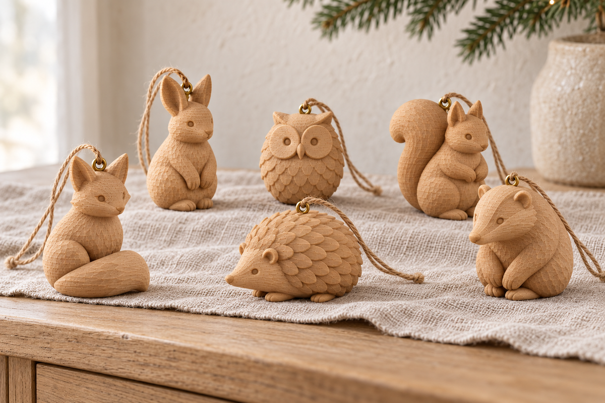 Concept render: Six Woodland Animal Baubles displayed together