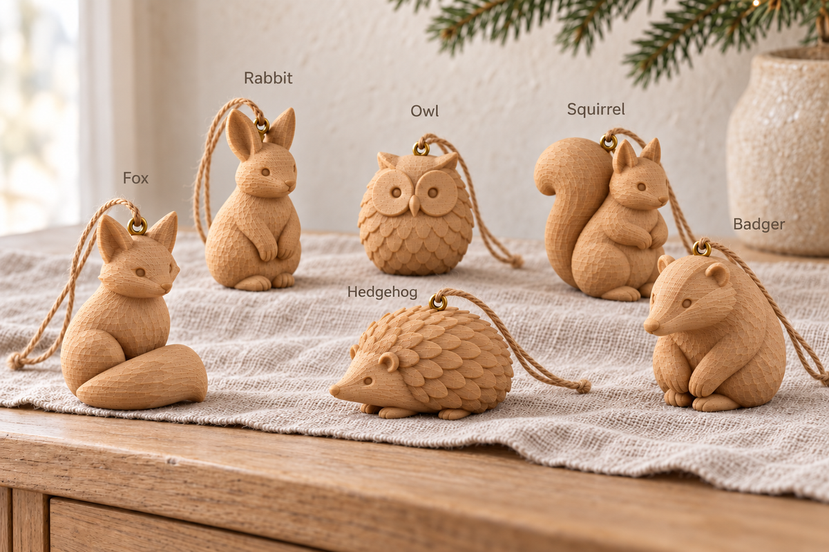 Concept render: Labelled guide to the six Woodland Animal Bauble designs