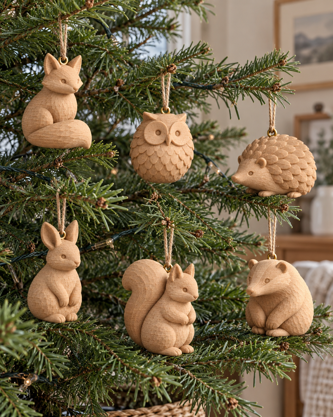 Concept render: Woodland Animal Baubles hanging on a Christmas tree in daylight