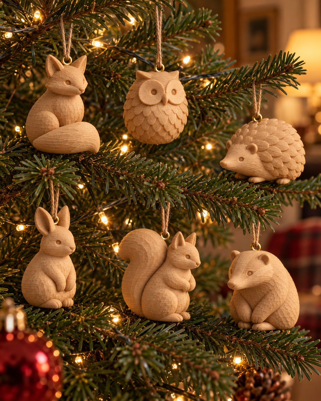 Concept render: Woodland Animal Baubles hanging on an illuminated Christmas tree